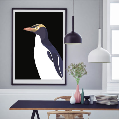 Framed art print of the Yellow Eyed Penguin, Hoiho, by Hansby Deisgn New Zealand