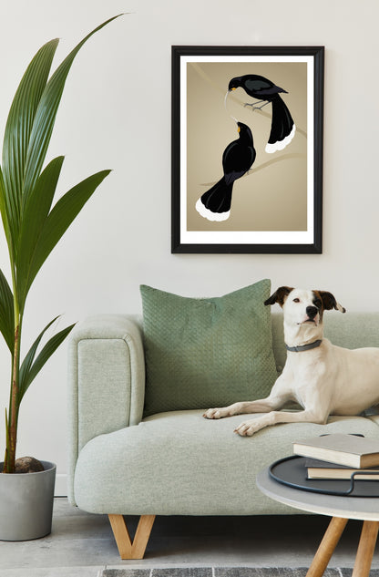 Lifestyle image of the Huia pair art print, by NZ artist Hansby Design