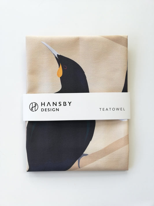 Huia bird tea towel by New Zealand artist, Hansby Design 