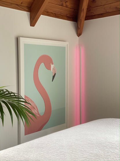 Lifestyle image of the Flamingo art print, by NZ artist Hansby Design