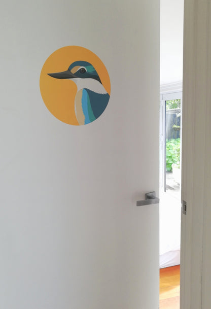 Kingfisher Art spot on a door by NZ artist Hansby Design 