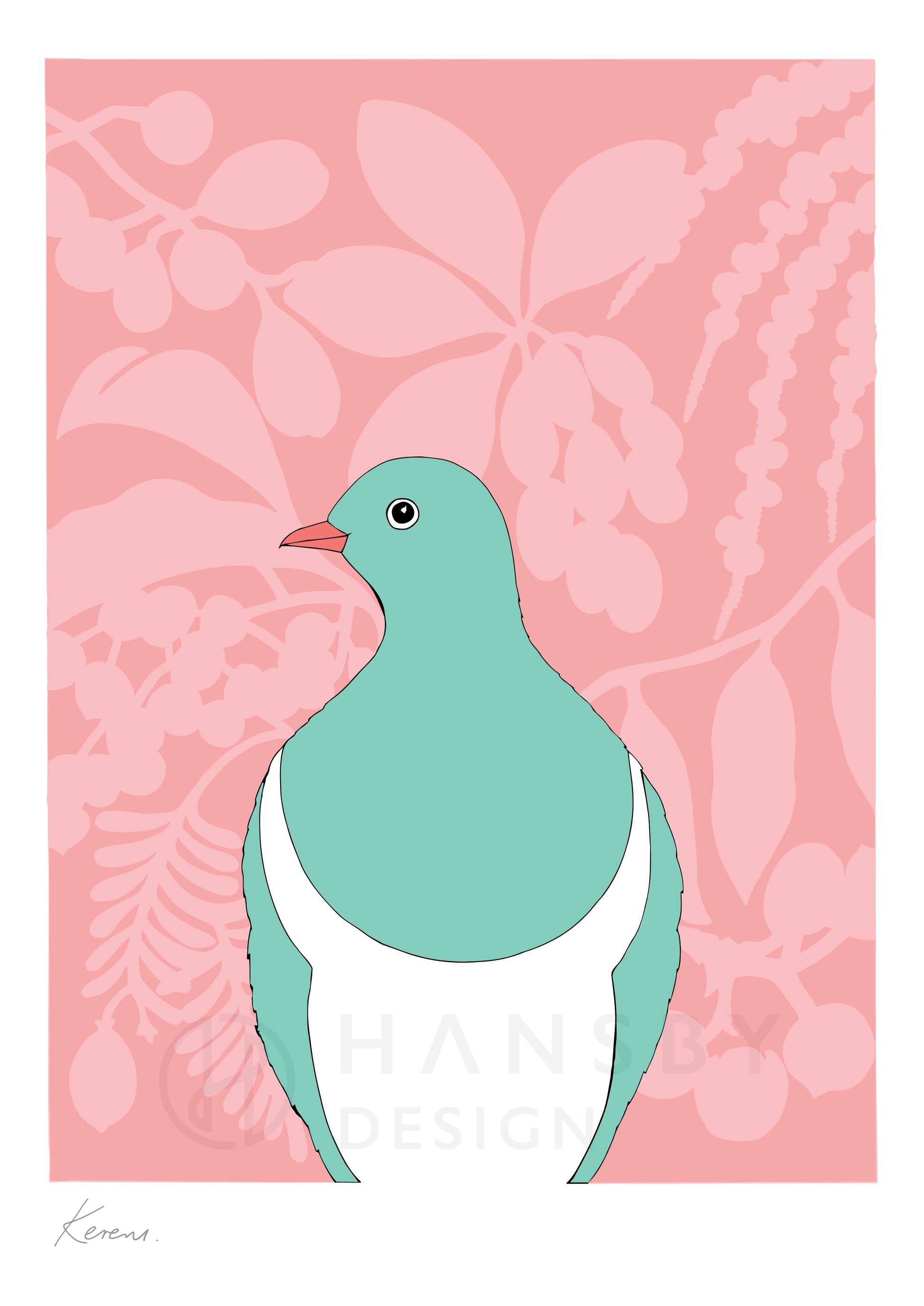 Kereru art print by New Zealand artist Hansby Design	