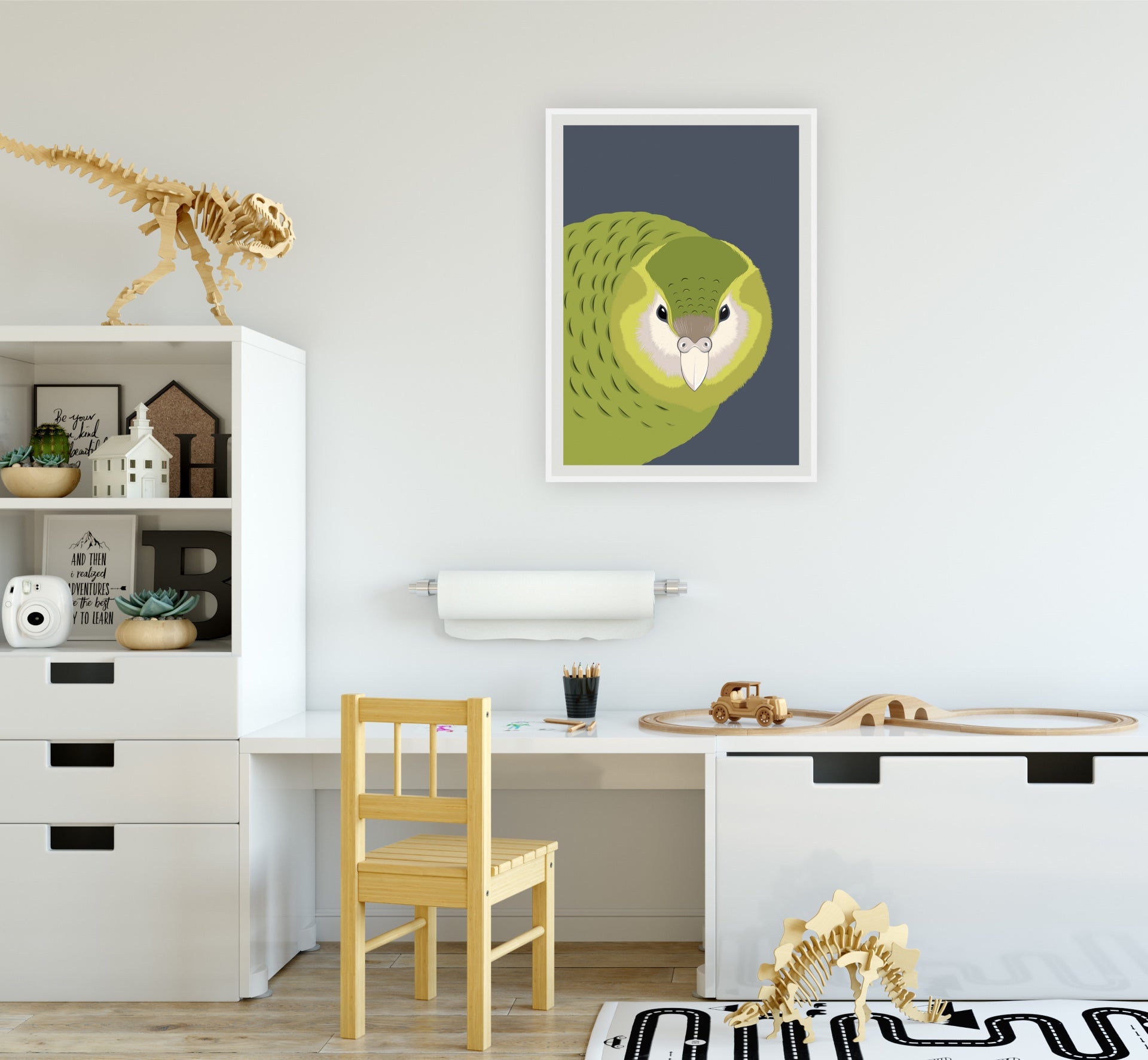 Lifestyle image of the Kākāpō art print, by NZ artist Hansby Design