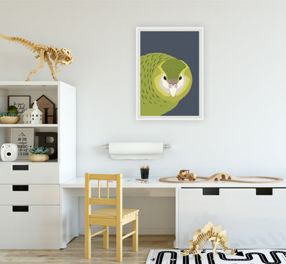 Lifestyle image of the Kākāpō art print, by NZ artist Hansby Design