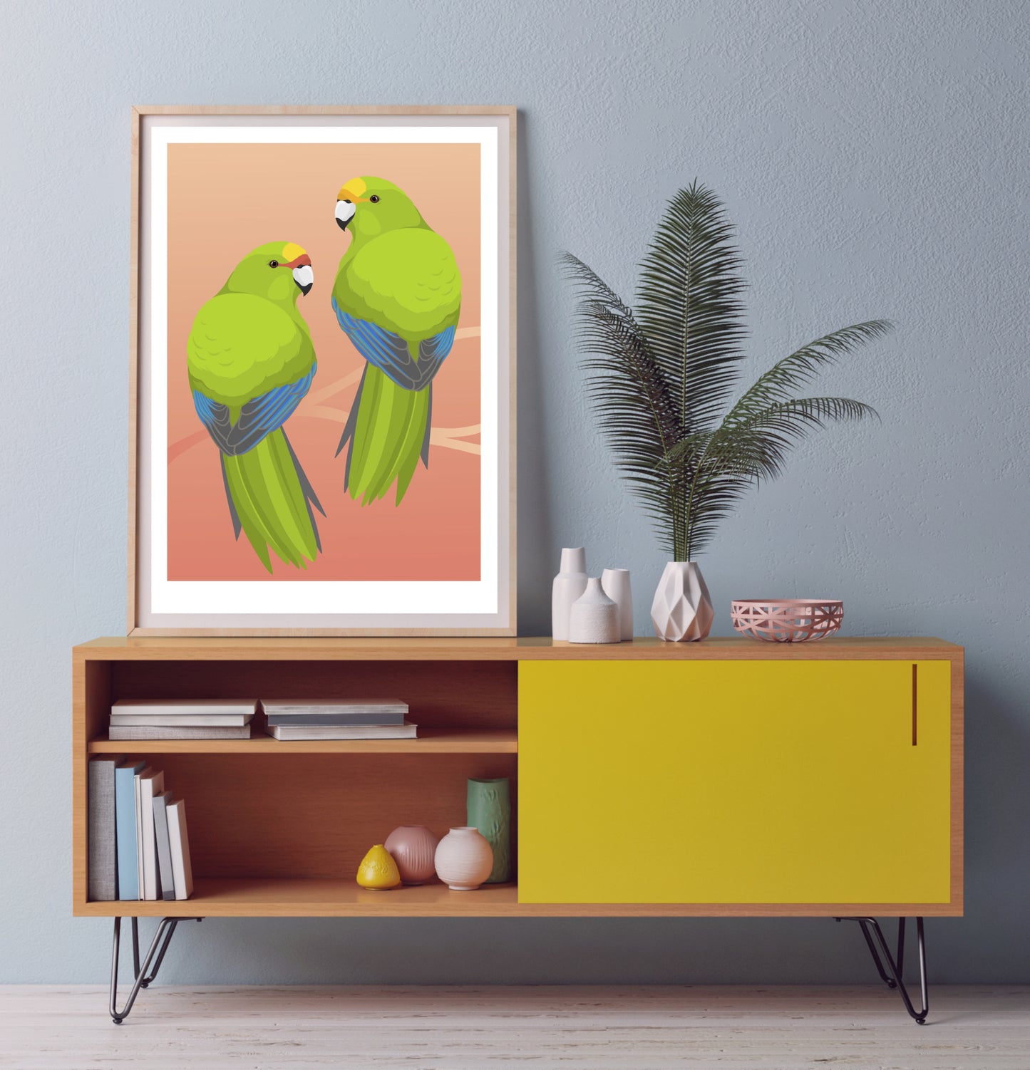 Framed art print of the Kakariki, green parakeet and endangered bird of New Zealand, by Hansby Design 