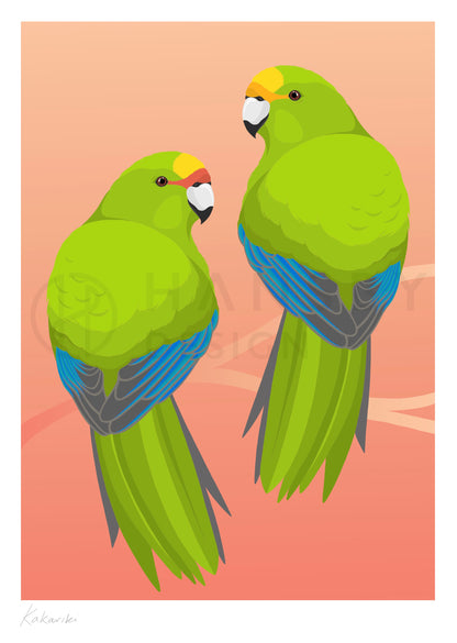 Art print of the Kakariki, endangered green parakeet of New Zealand, by Hansby Design 