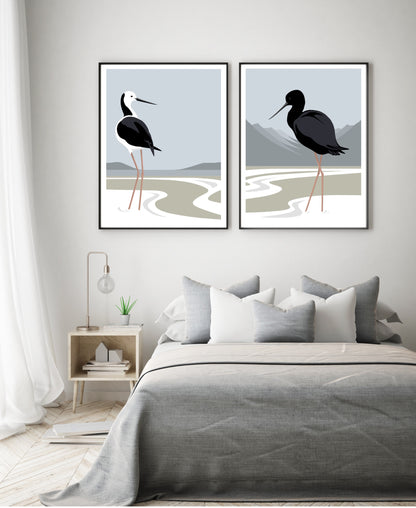 Framed prints of the Kaki Black Stilt and Pied Stilt, New Zealand native bird art prints by Hansby Design