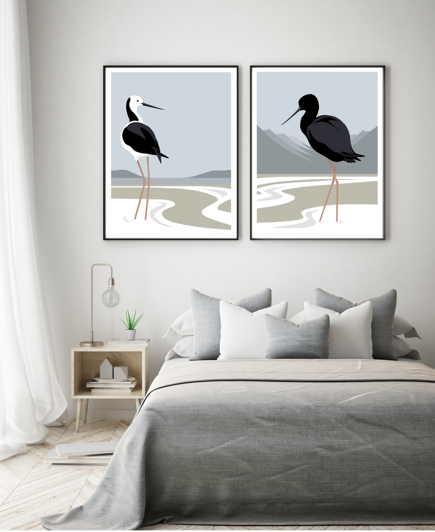 Framed art prints of the Pied Stilt and Black Stilt of New Zealand, by Hansby Design