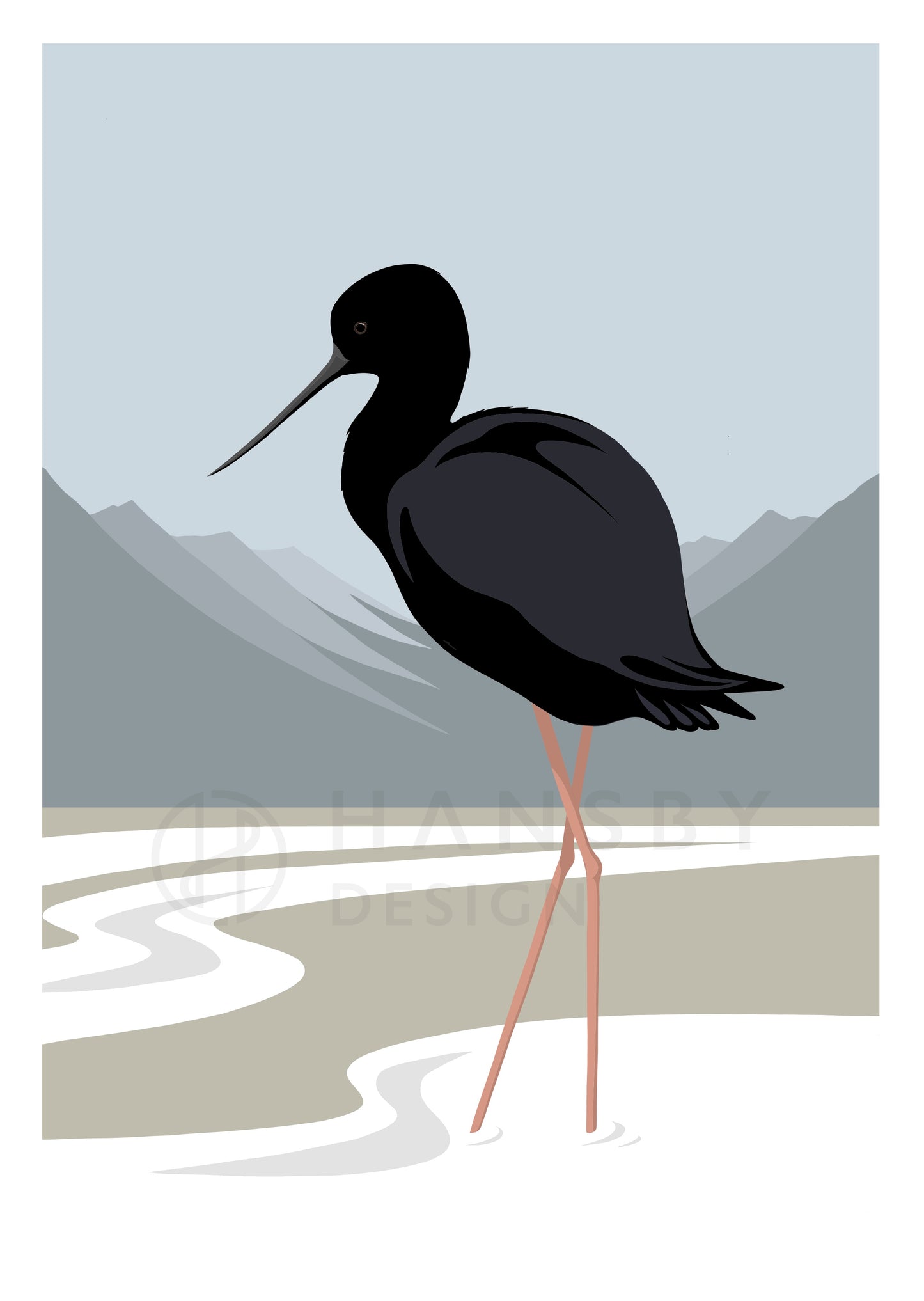 Black Stilt art print in white frame, by NZ artist Hansby Design