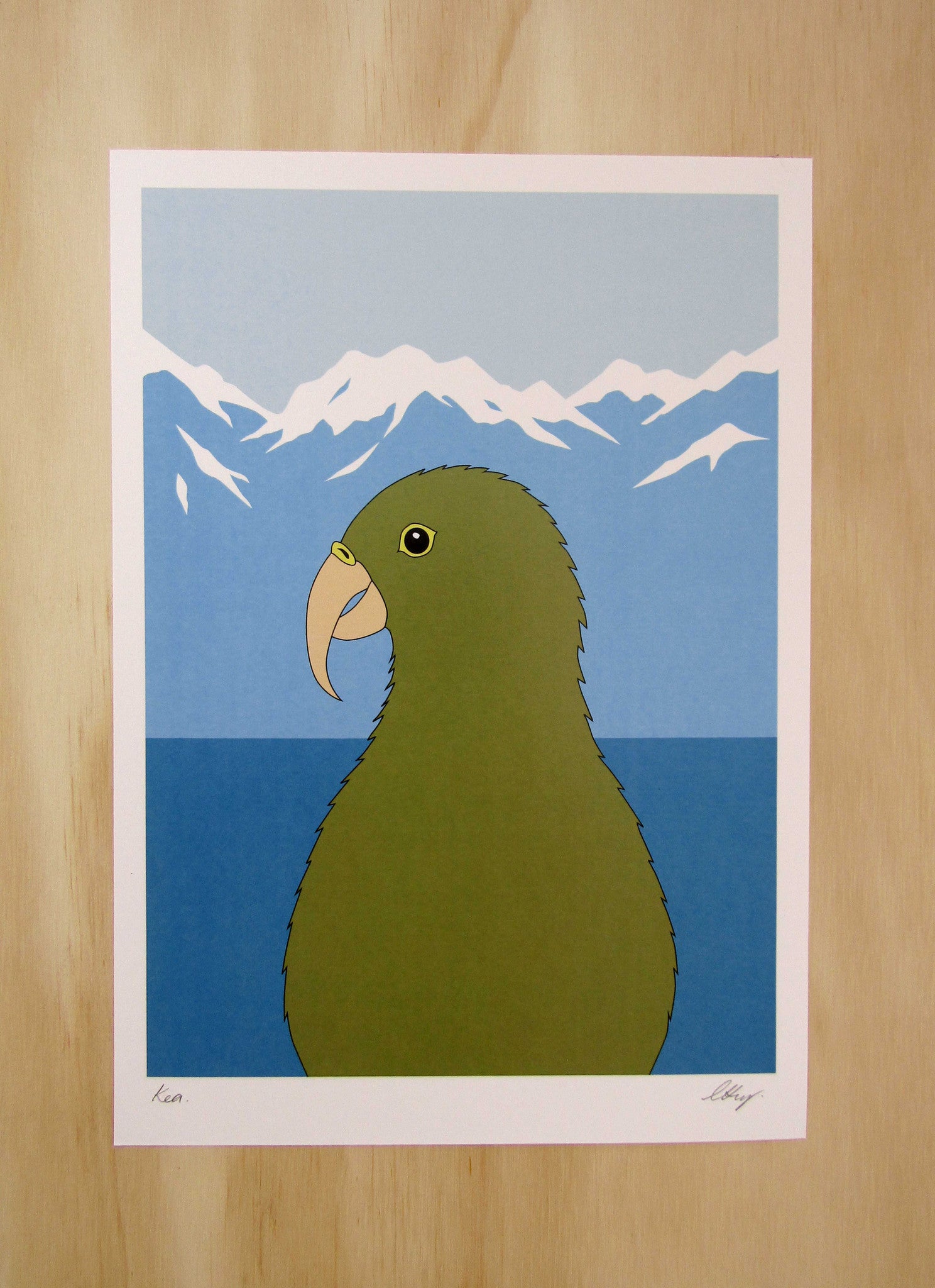 Kea art print in natural frame, by NZ artist Hansby Design