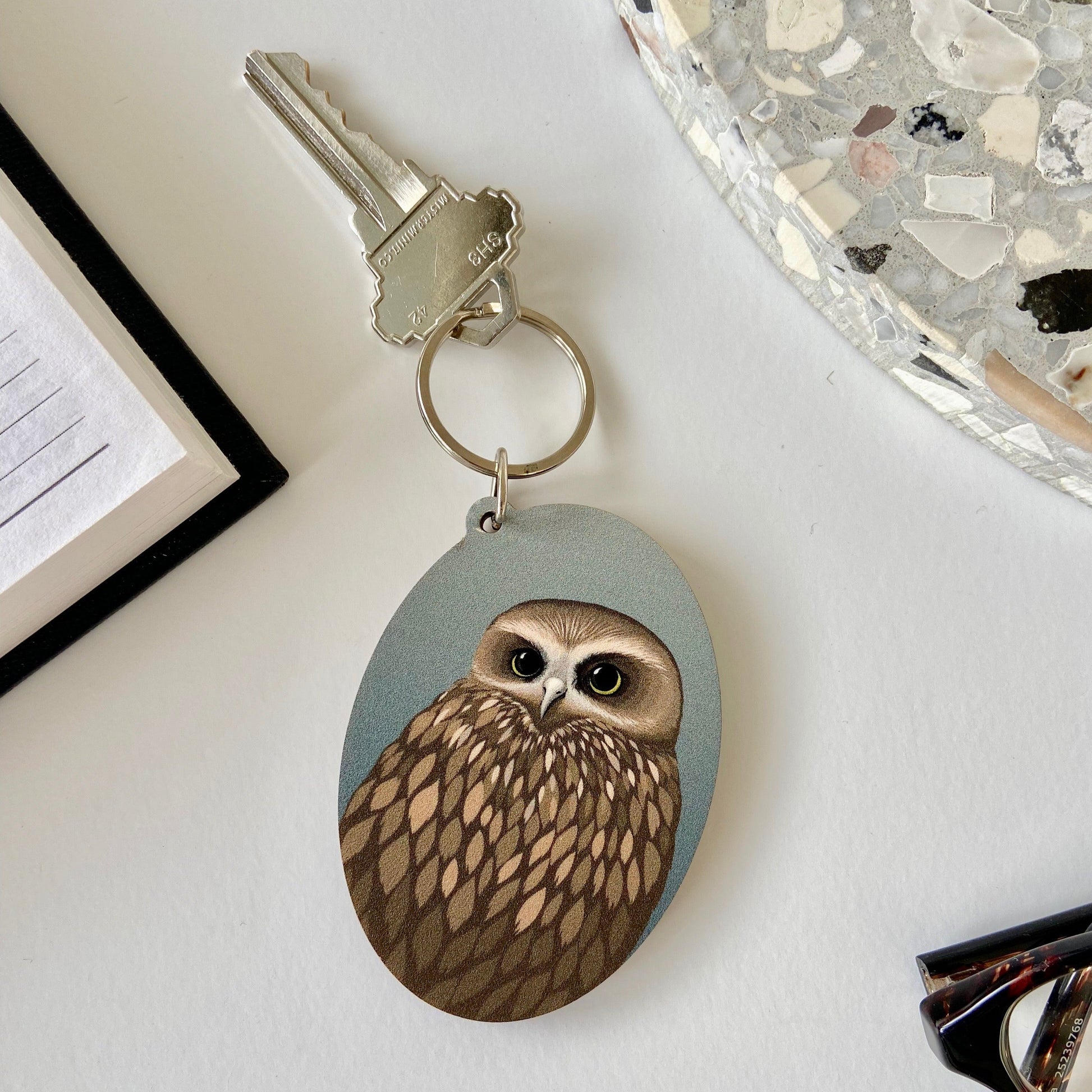 Morepork Wood Keytag art print by New Zealand artist Hansby Design