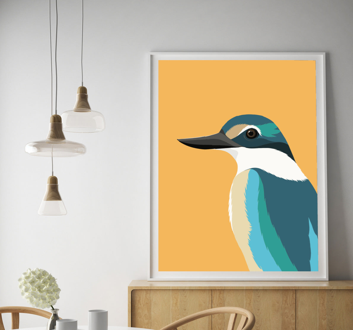 Lifestyle image of the Kingfisher art print, by NZ artist Hansby Design