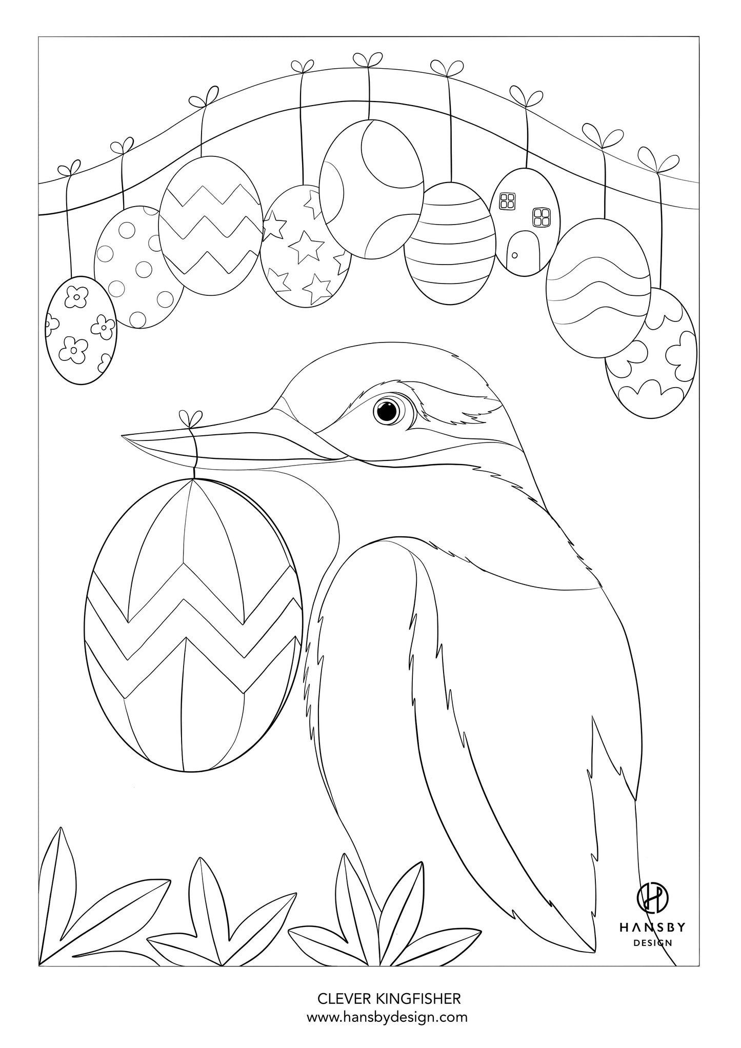 Colouring in page of the Kingfisher, by New Zealand artist Hansby Design