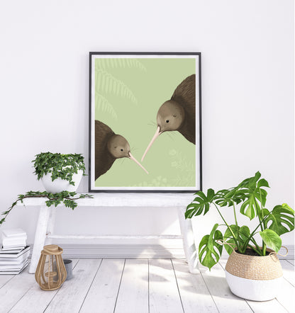 Lifestyle image of the Kiwi pair art print, by NZ artist Hansby Design
