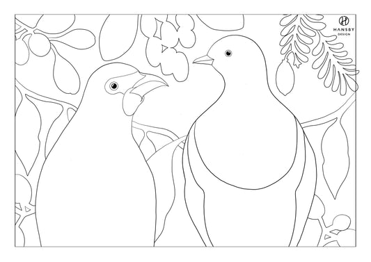 Colouring in page of the Kokako and Kereru birds, by Hansby Design New Zealand