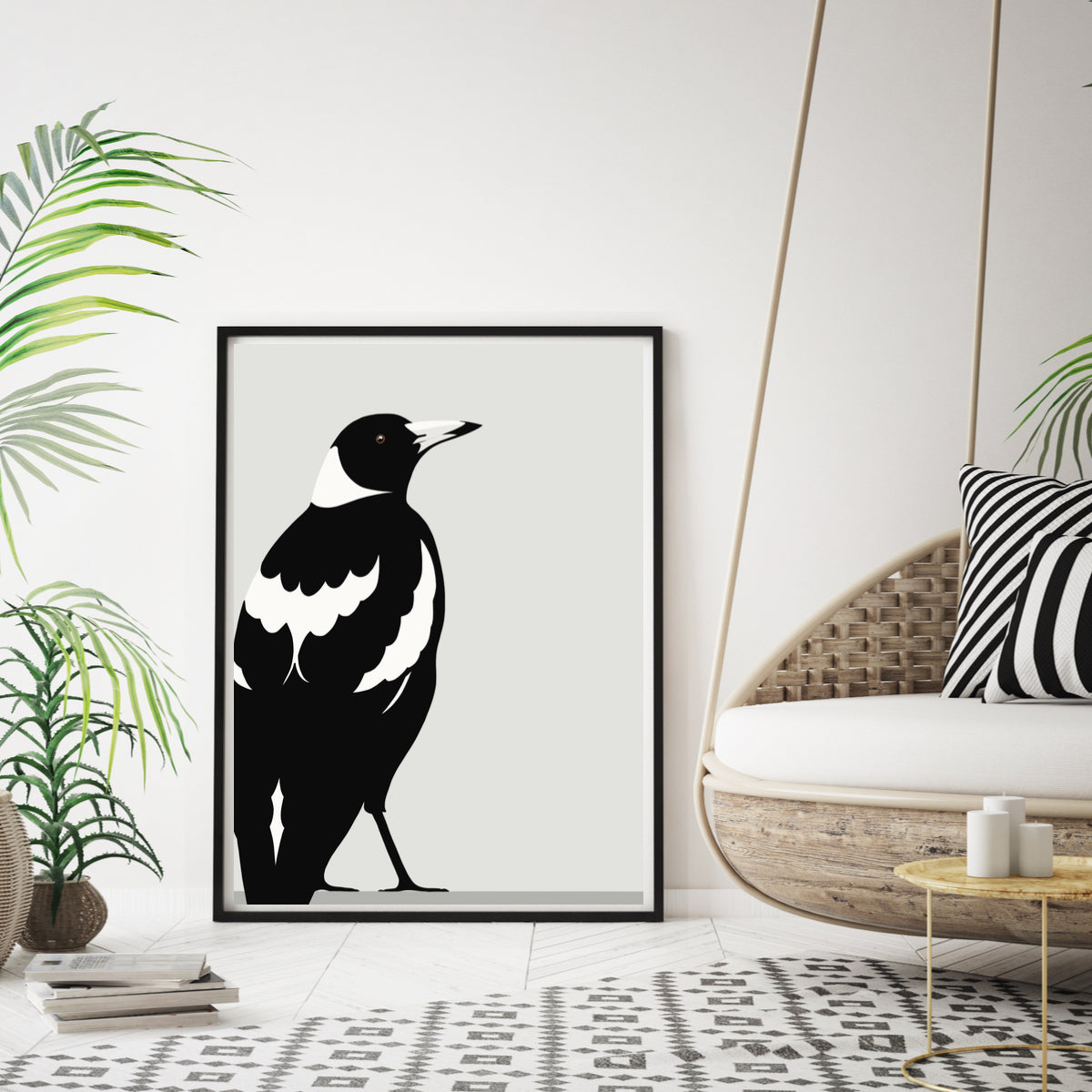 Framed art print of the Magpie bird, by Hansby Design New Zealand
