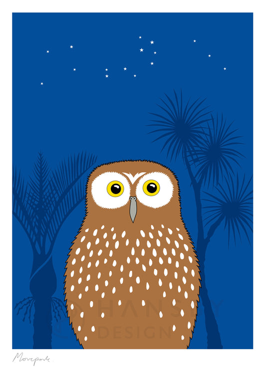 Morepork Ruru art print by New Zealand artist Hansby Design