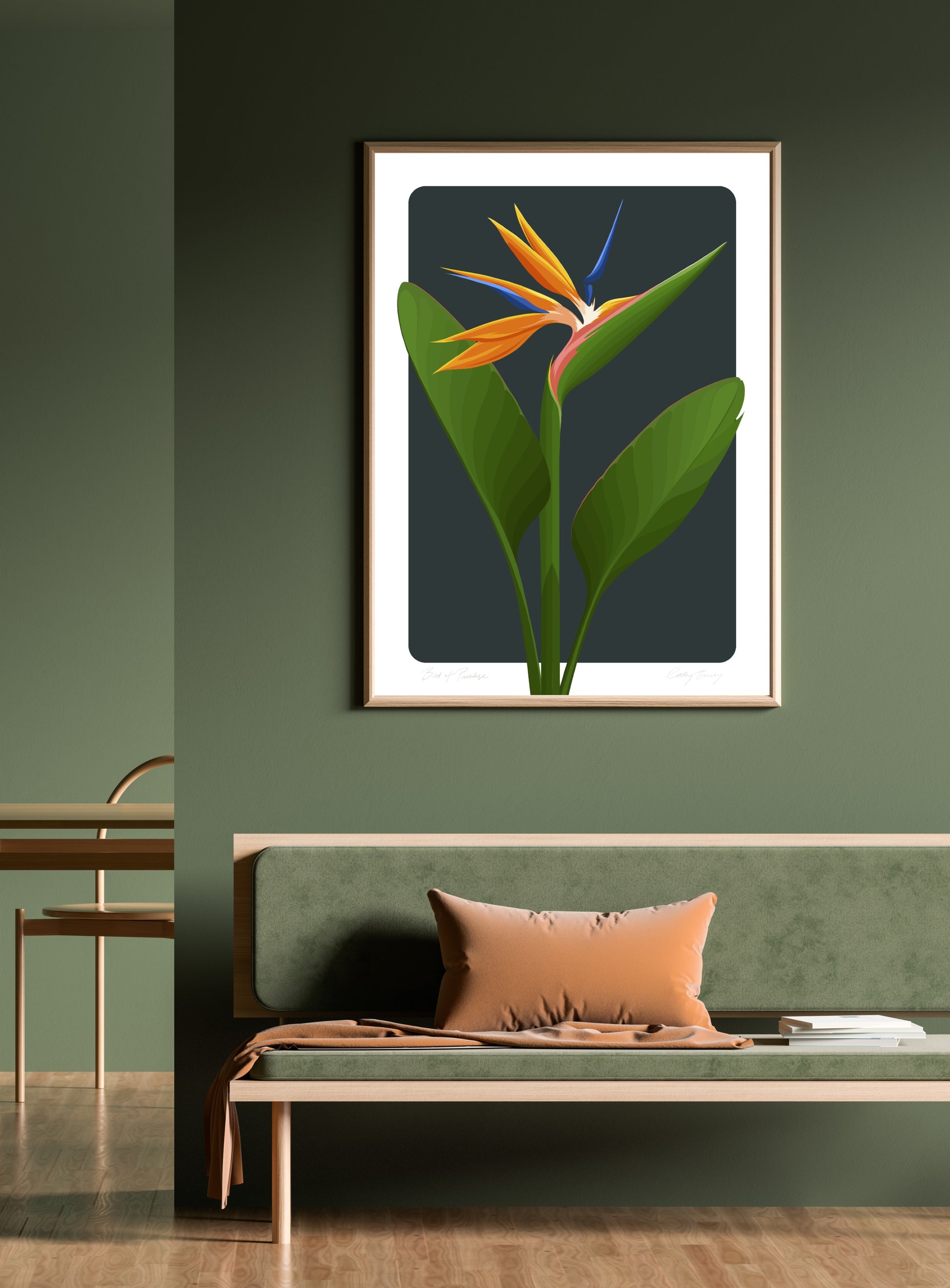 Lifestyle image of the Bird of Paradise art print - ink, by NZ artist Hansby Design