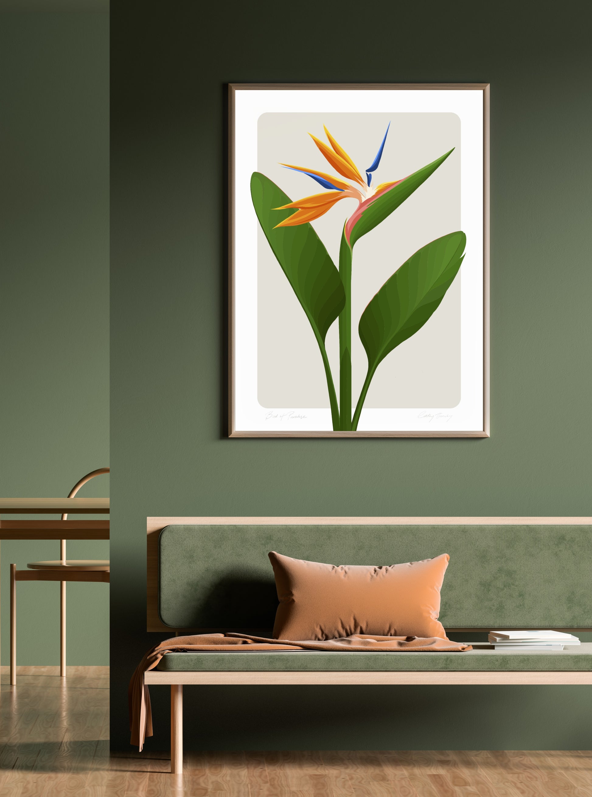 Lifestyle image of the Bird of Paradise art print - almond art print, by NZ artist Hansby Design