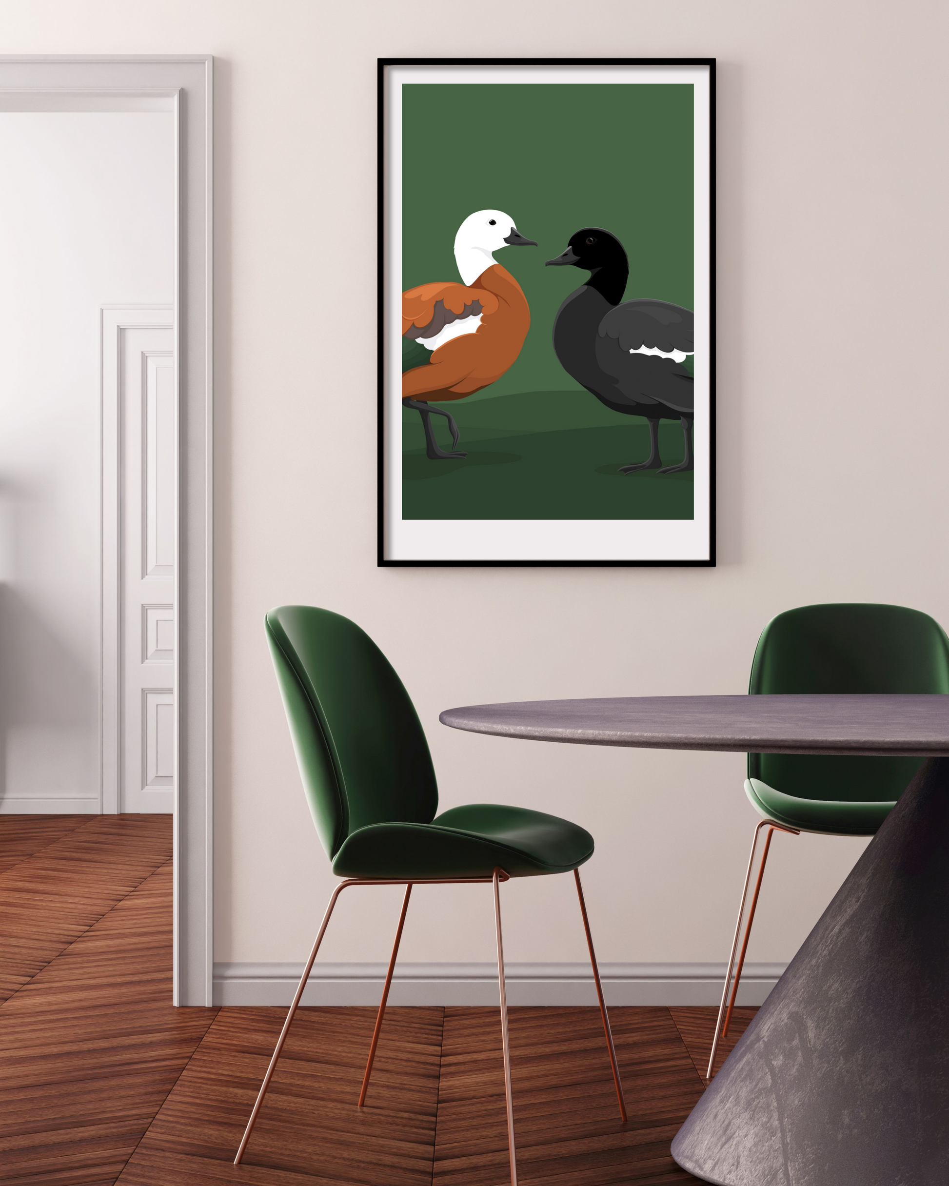 Lifestyle image of the Paradise Shelduck  art print, by NZ artist Hansby Design