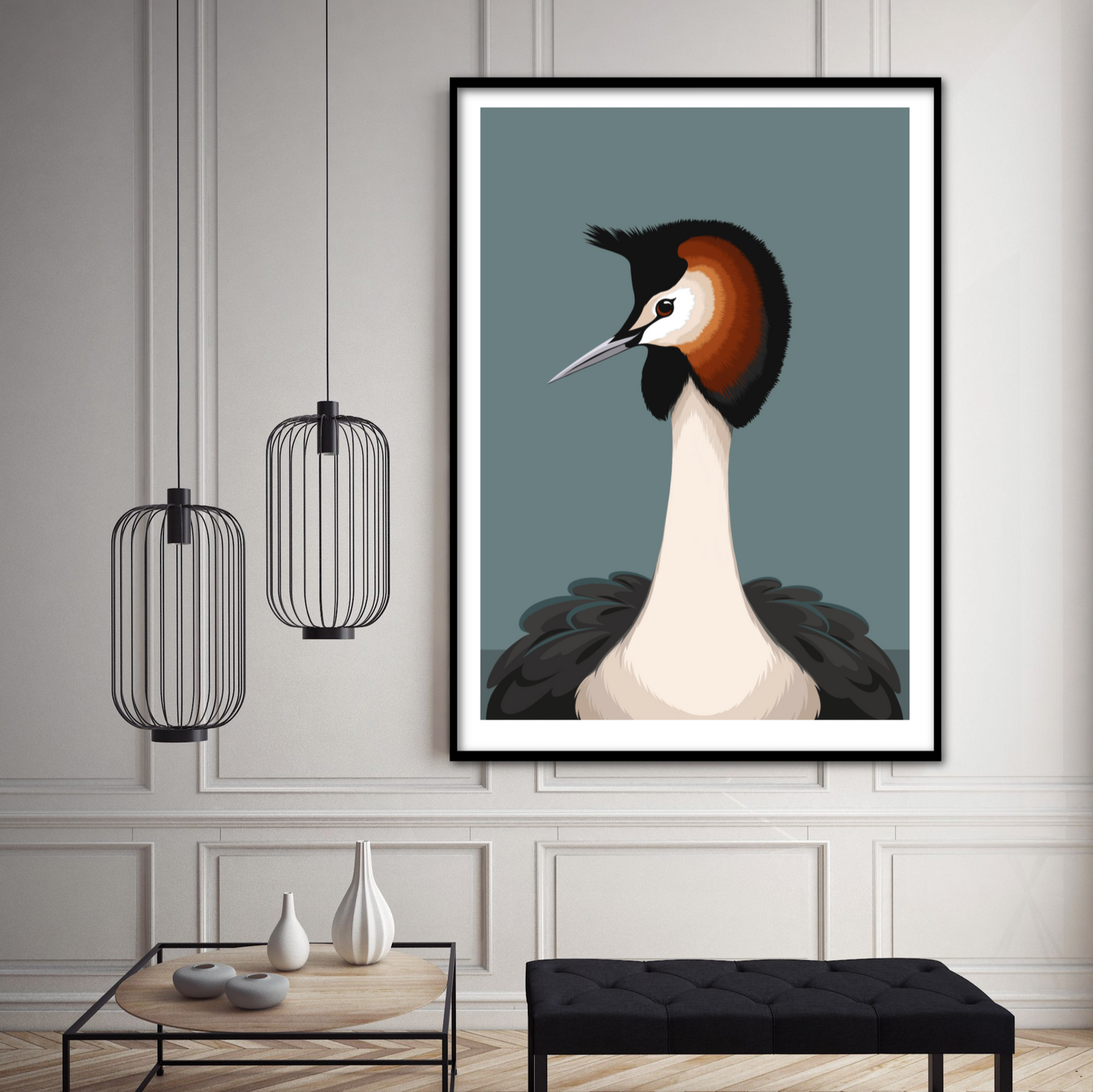 Lifestyle image of the Australasian Grebe  art print, by NZ artist Hansby Design