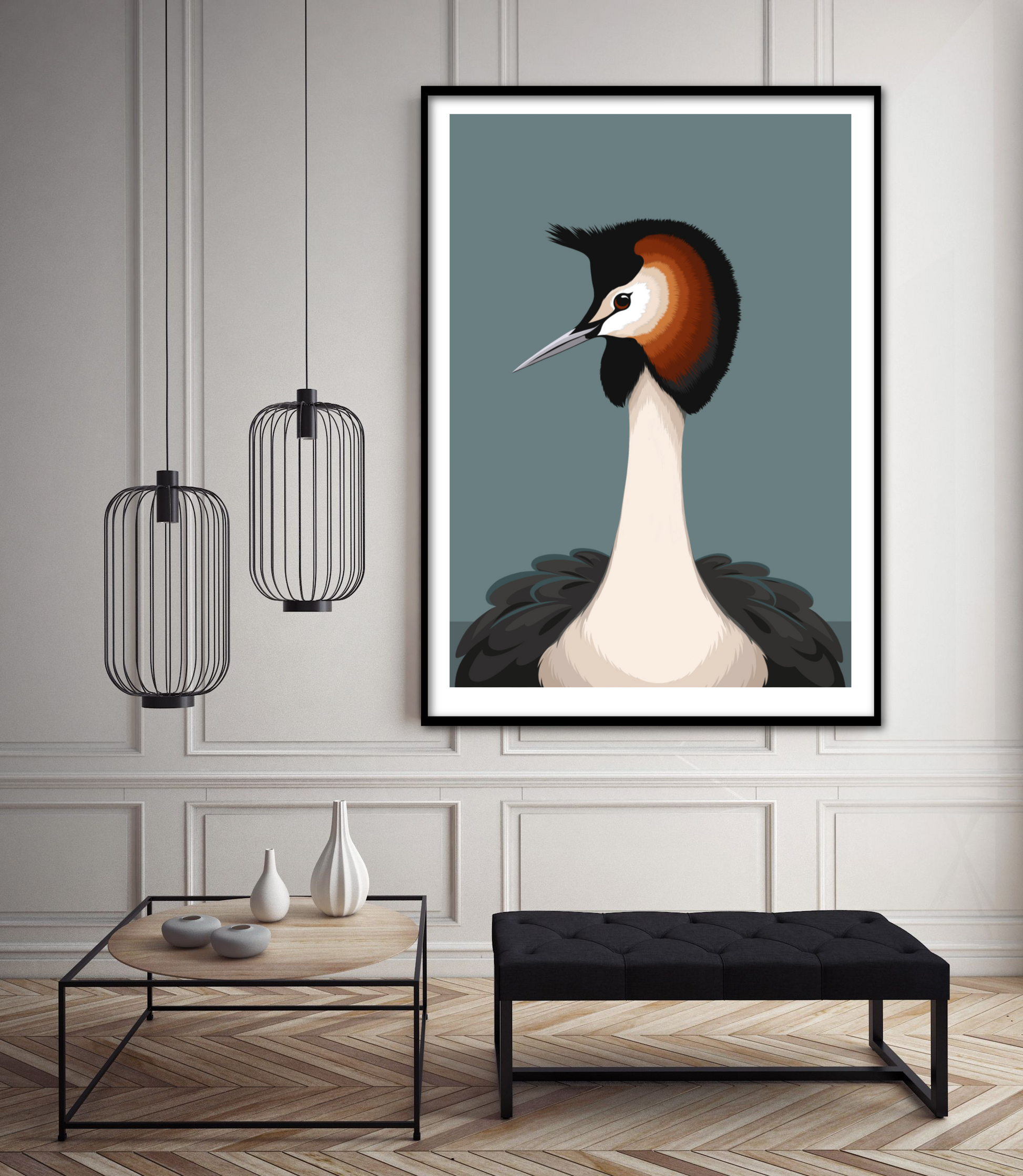 Lifestyle image of the Australasian Grebe  art print, by NZ artist Hansby Design