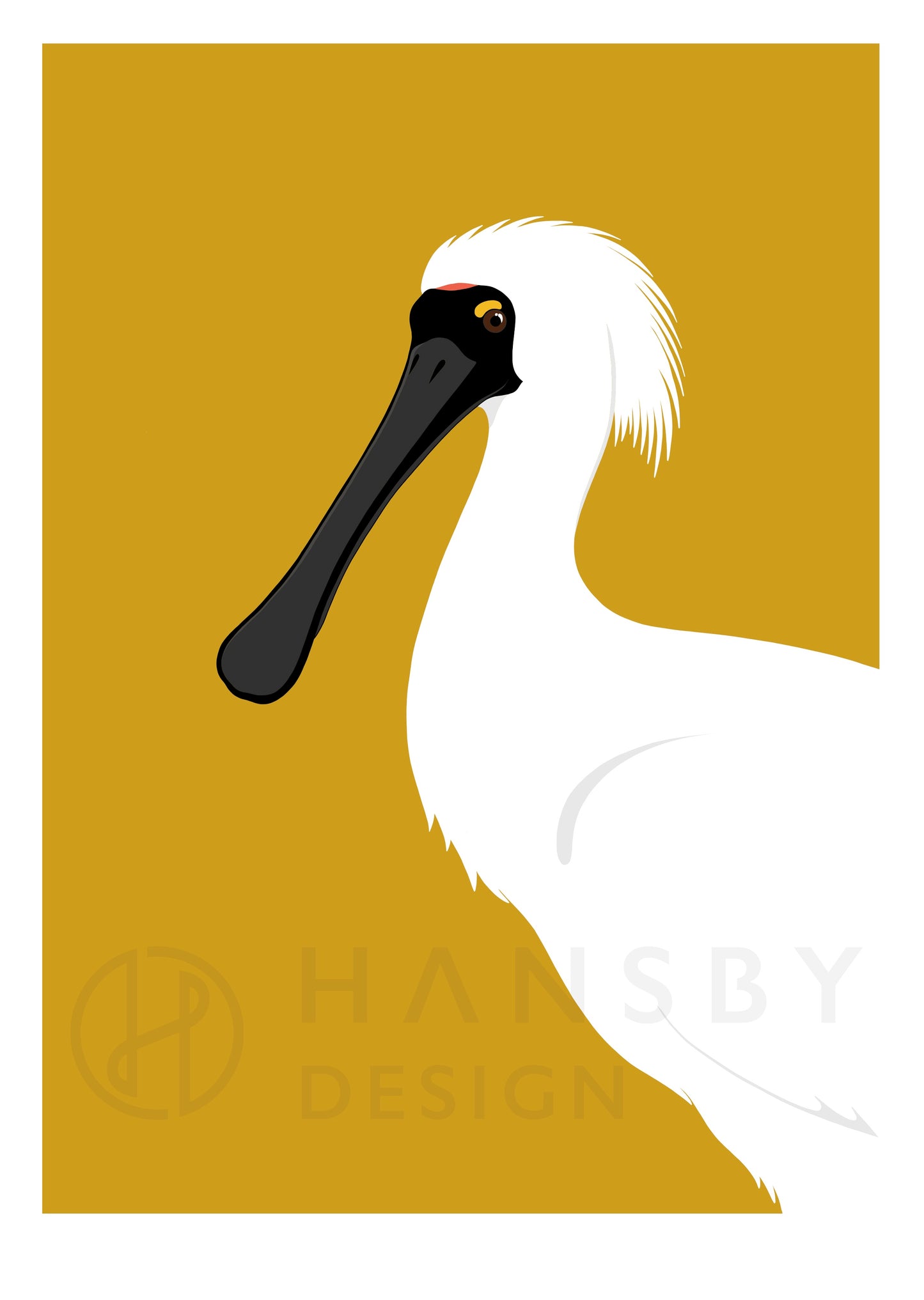 Mustard art print of the Spoonbill bird of New Zealand and Australia, by Hansby Design 