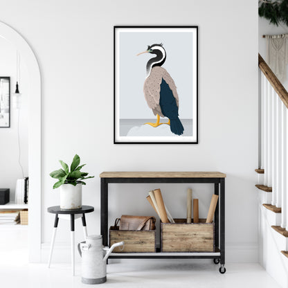 Lifestyle image of the Spotted Shag art print, by NZ artist Hansby Design
