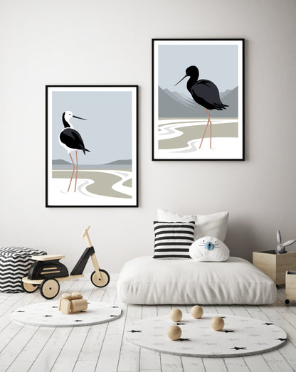 Framed art prints of the Black Stilt Kaki and Pied Stilt Poaka, water birds of New Zealand by Hansby Design