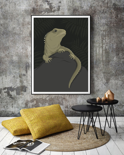 Framed art print of the Tuatara, in A0 feature print size, by Hansby Design, New Zealand