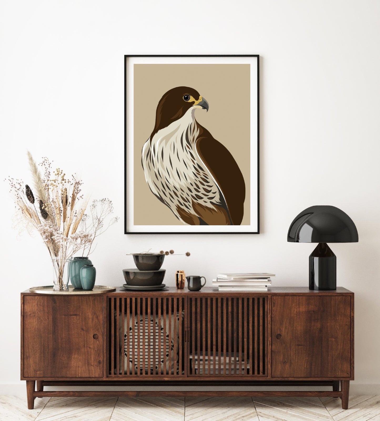 Framed art print of the Falcon - Karearea, bird of New Zealand, by artist Hansby Design