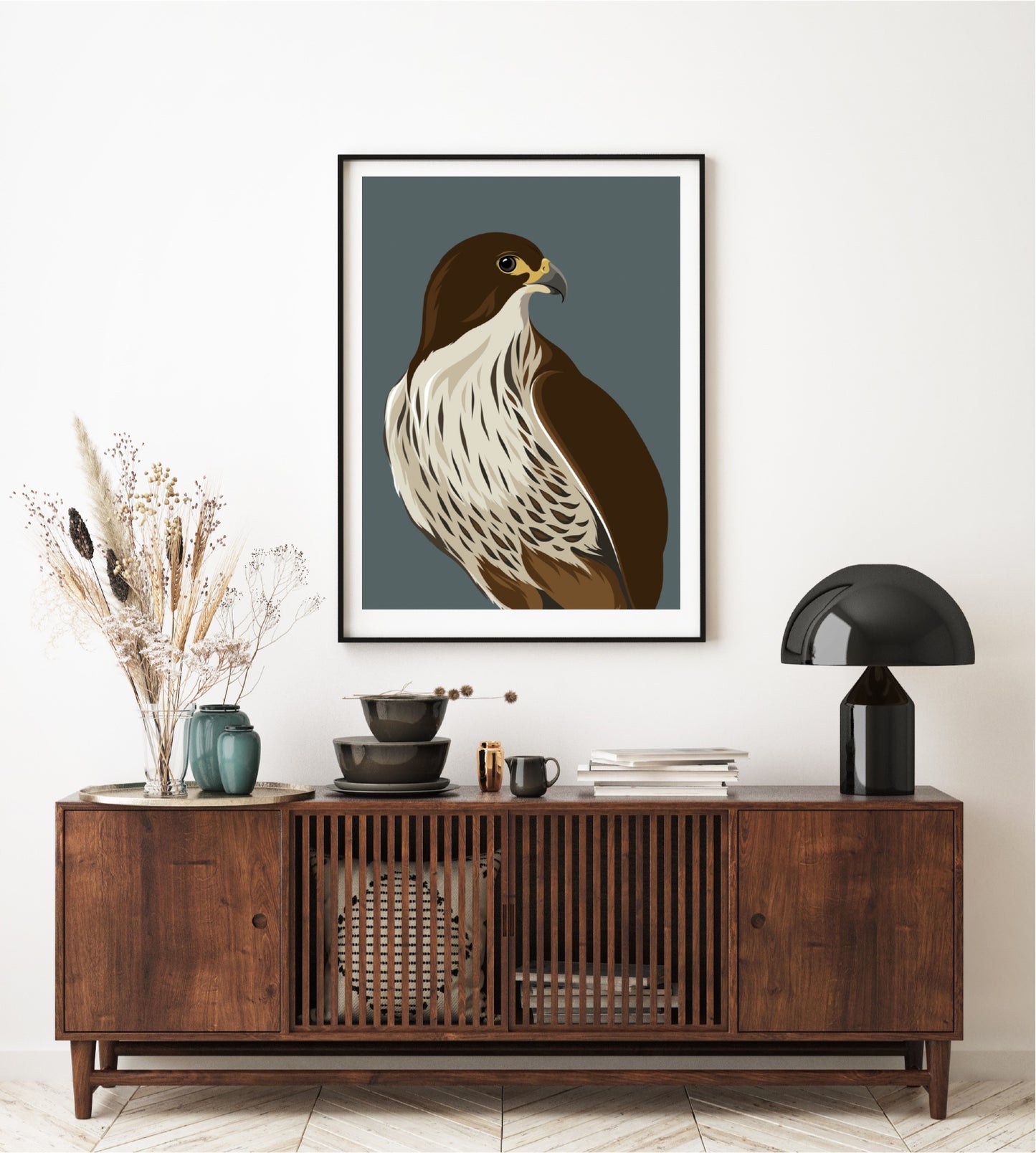 Framed art print of the Falcon - Karearea, bird of New Zealand, by artist Hansby Design