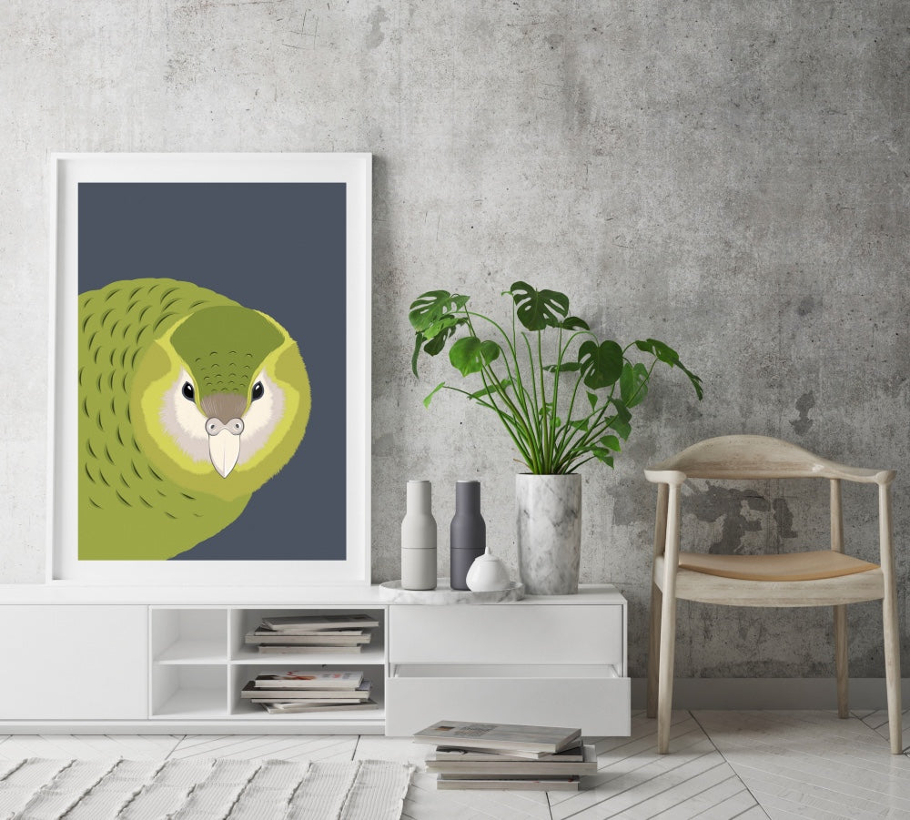 Lifestyle image of the Kākāpō art print, by NZ artist Hansby Design