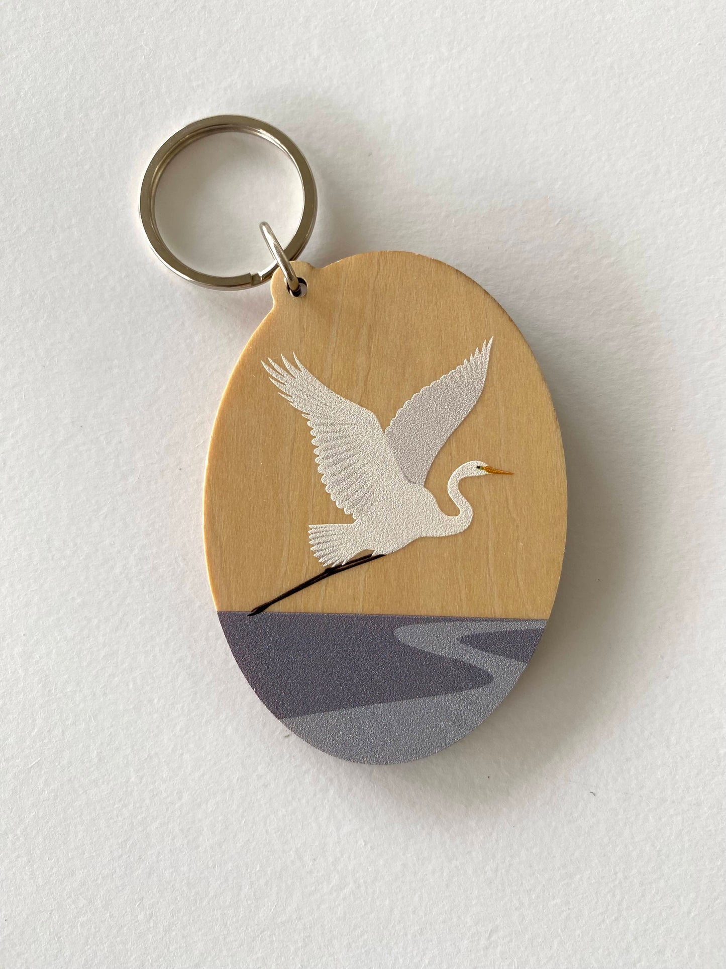 White Heron Wood Keytag art print by New Zealand artist Hansby Design