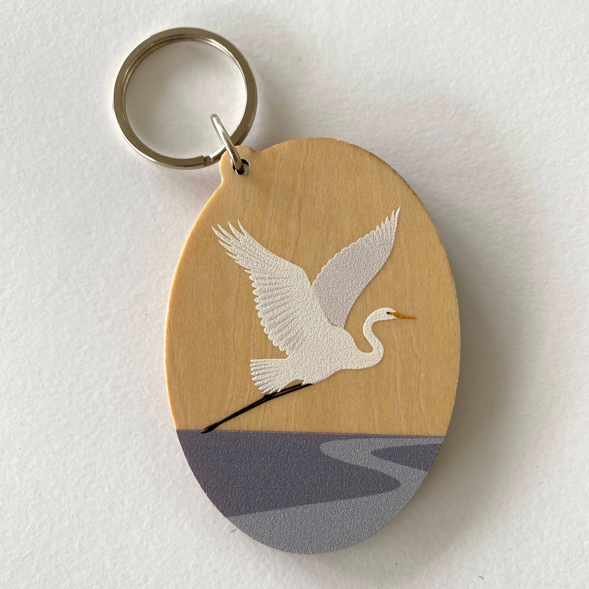 White Heron Wood Keytag art print by New Zealand artist Hansby Design