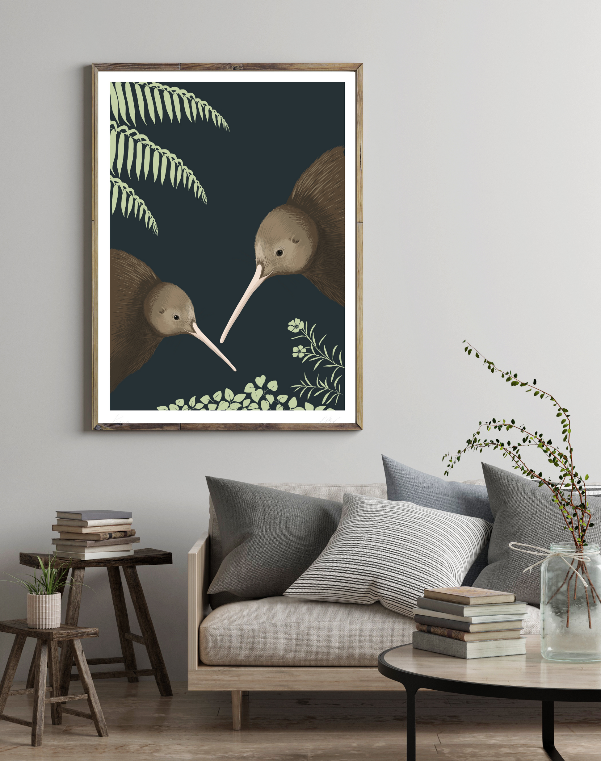 Framed art print of New Zealand Kiwi birds, by artist Hansby Design 