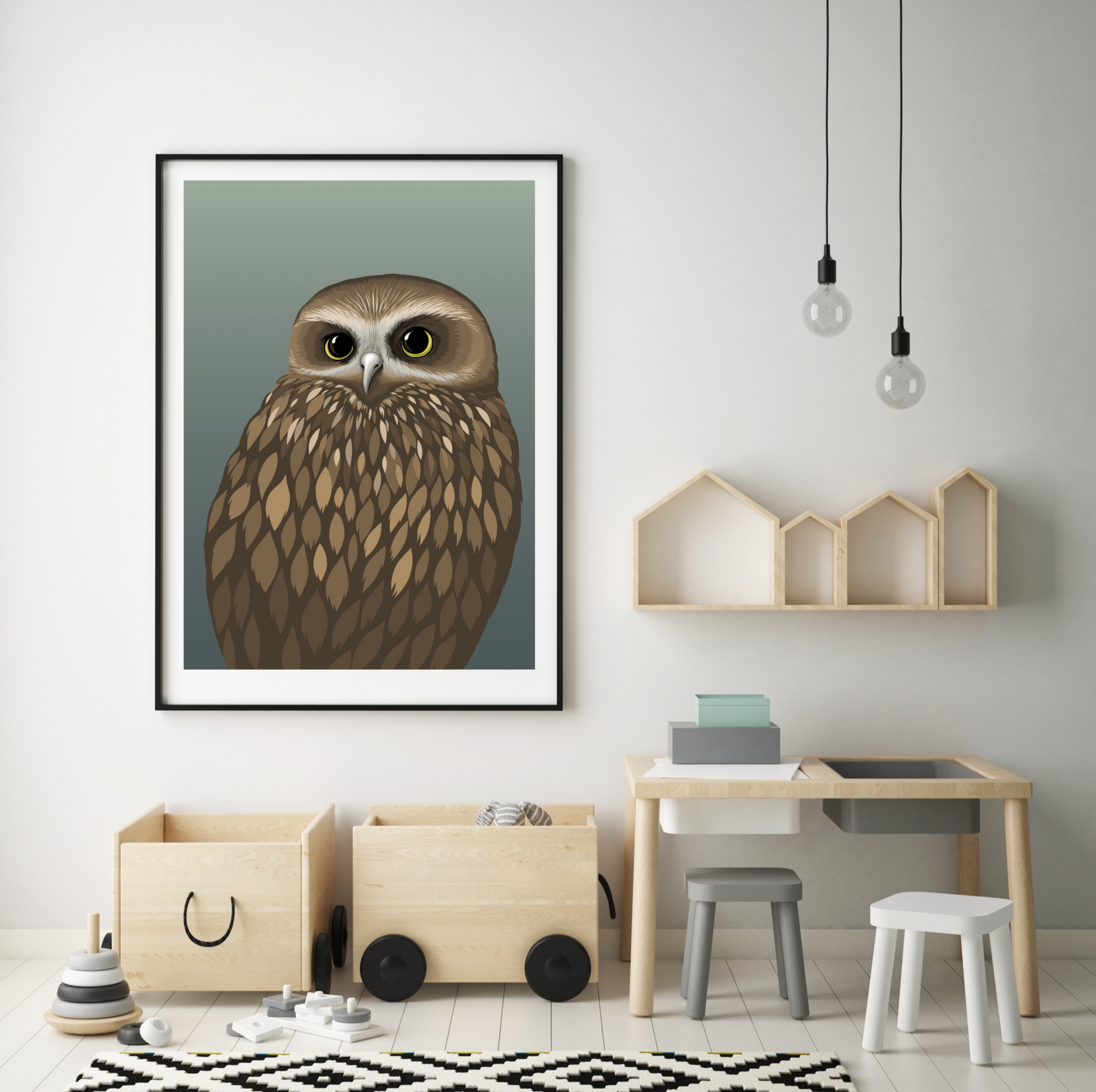 Framed art print of the Morepork - Ruru, native bird of New Zealand, by artist Hansby Design