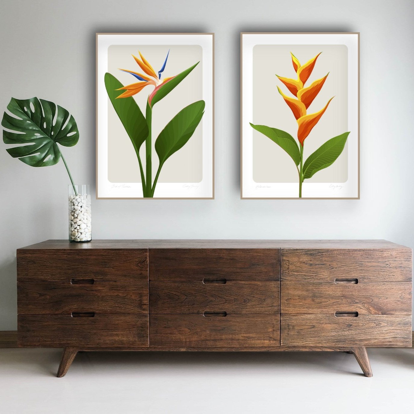 Framed art prints by Hansby Design New Zealand, featuring the Bird of Paradise and Heliconia flowers.