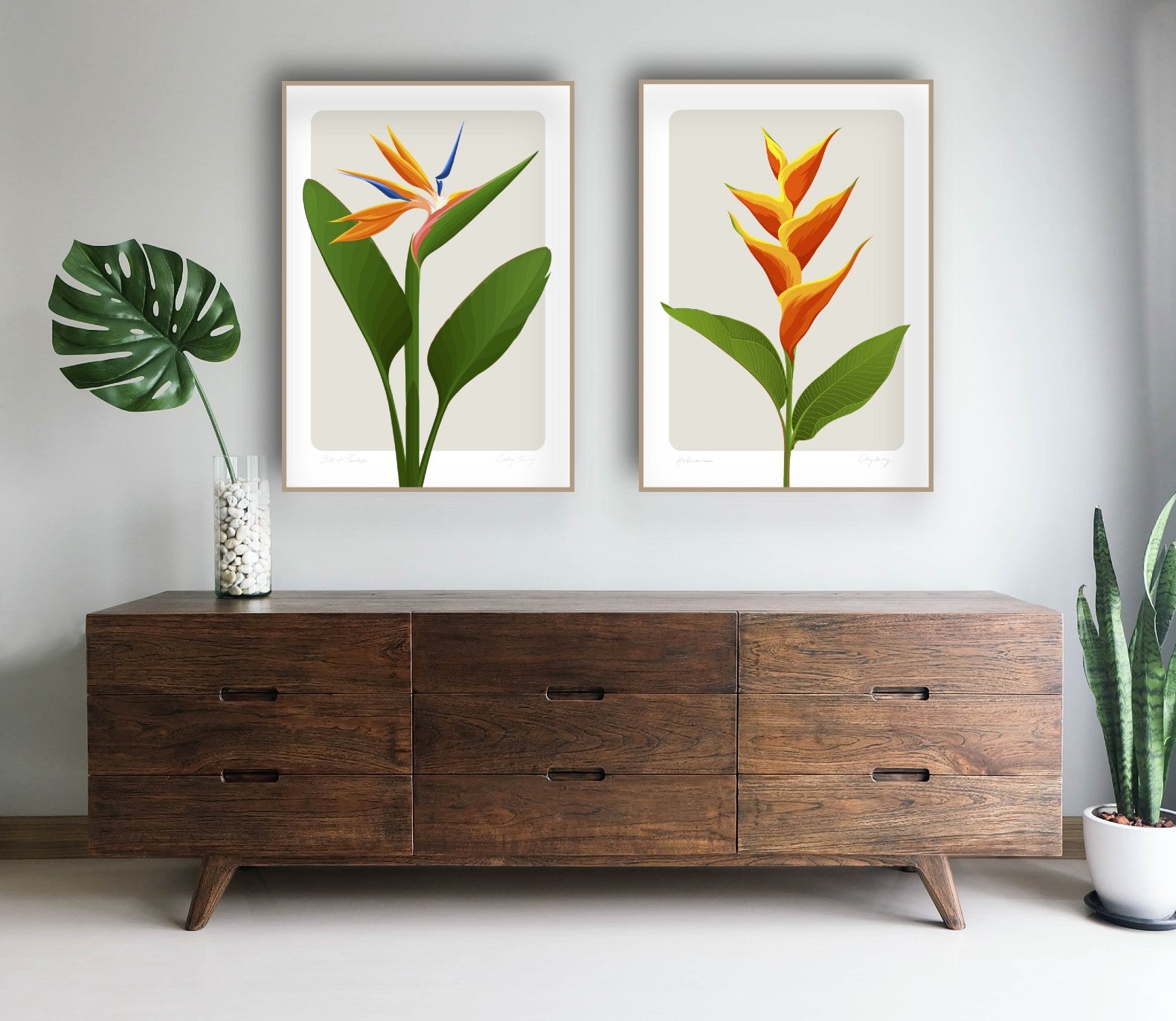 Framed art prints by Hansby Design New Zealand, featuring the Bird of Paradise and Heliconia flowers.