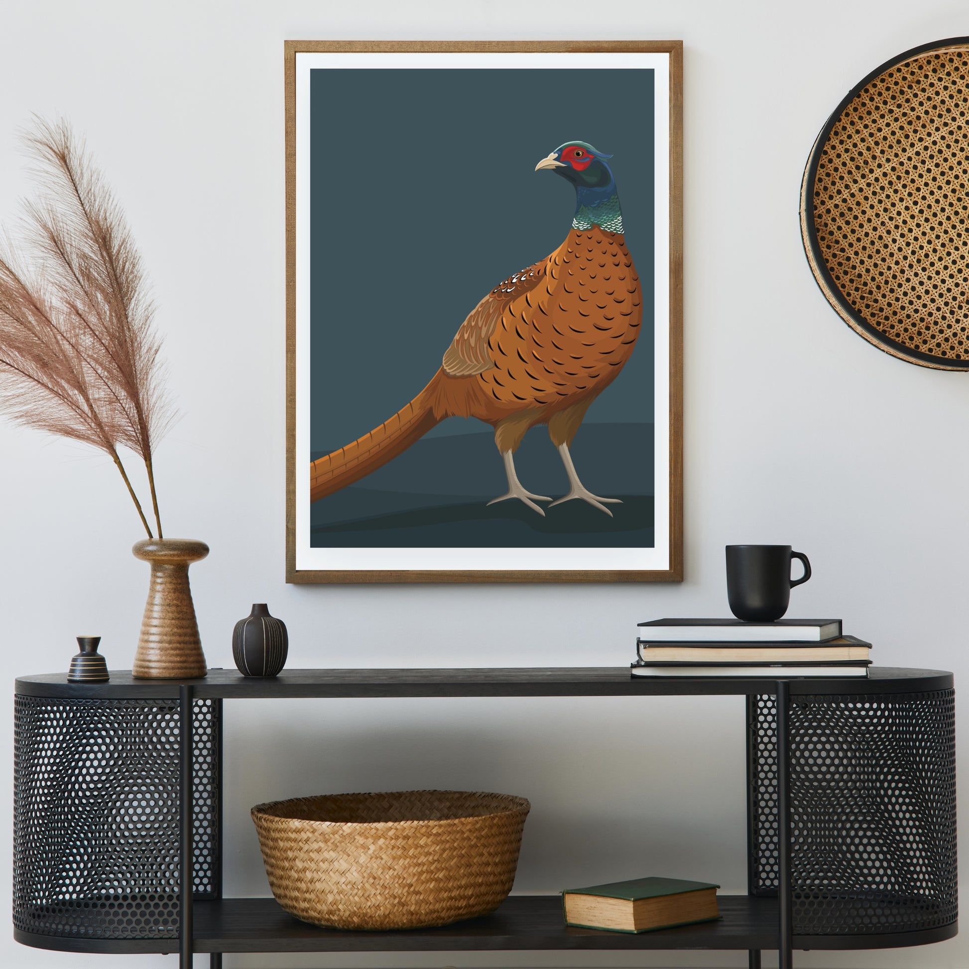 Framed art print of the Pheasant art print by NZ artist Hansby Design.