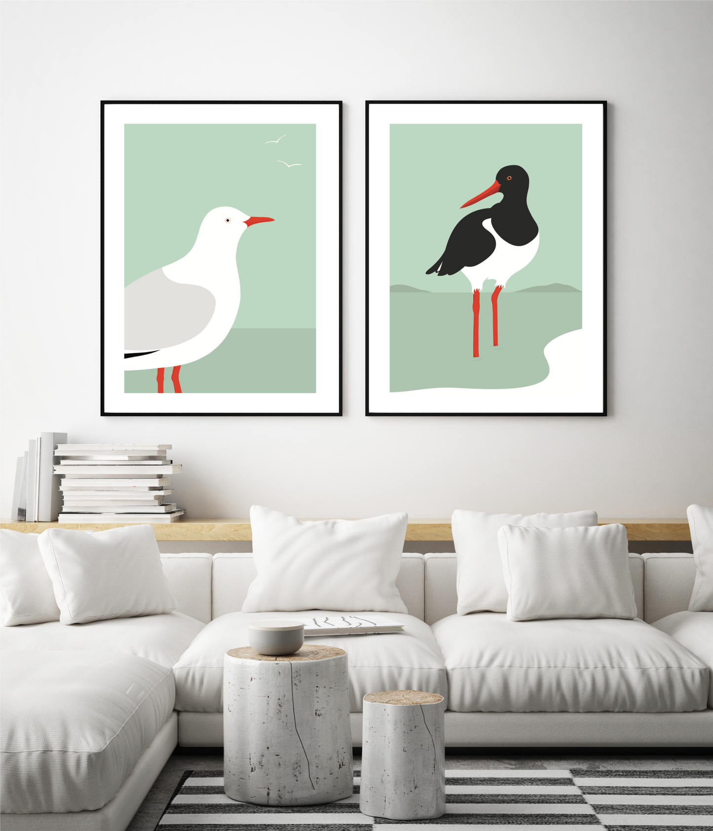 Framed art prints by Hansby Design of Seagull and Oyster Catcher, made in New Zealand