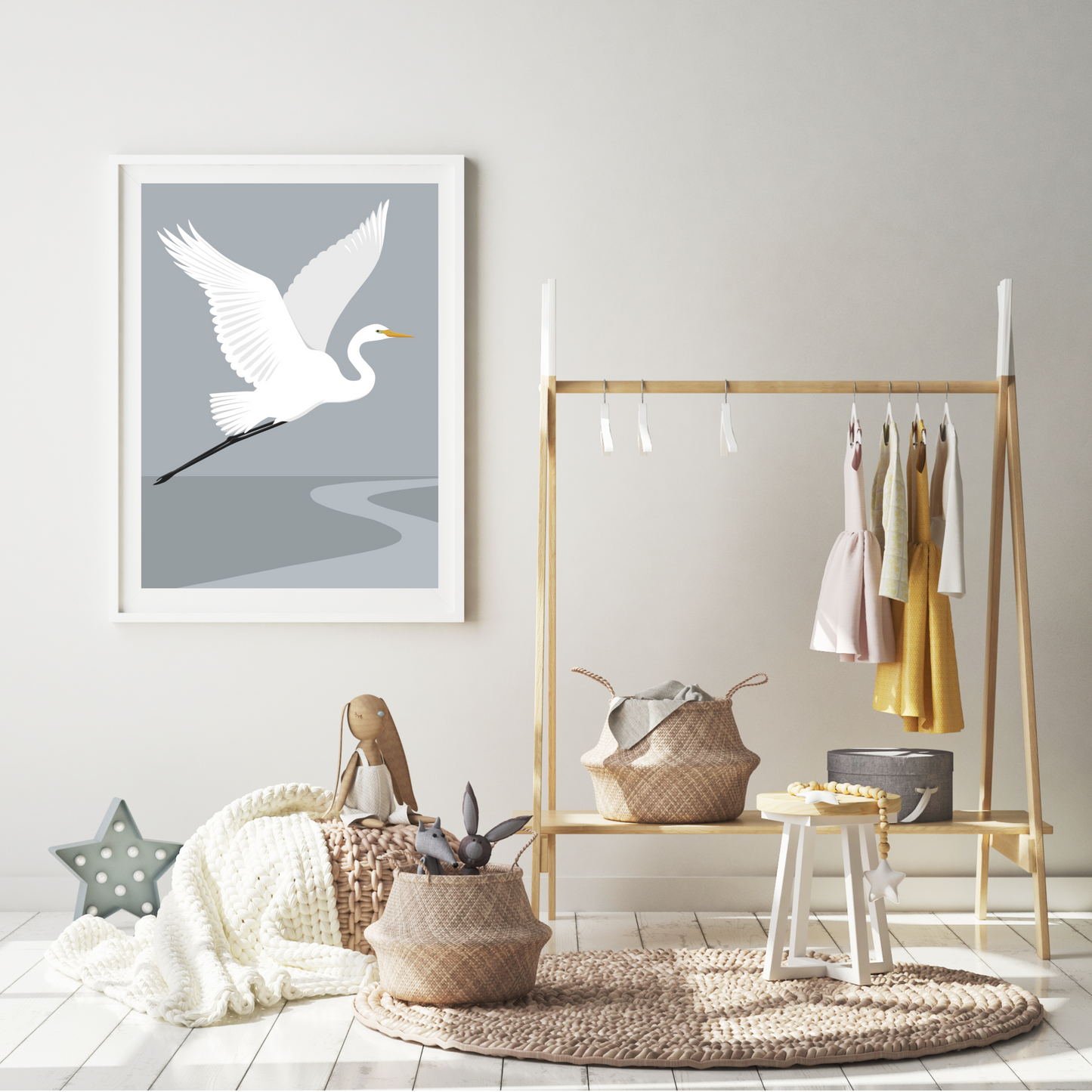 Framed fine art print of the White Heron bird, by Hansby Design New Zealand
